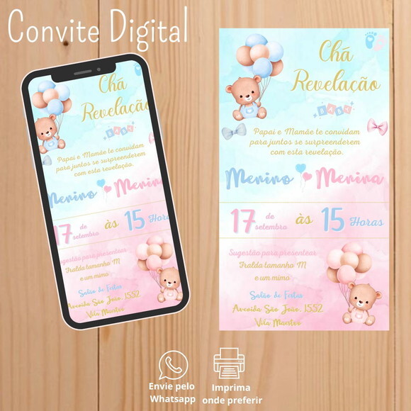 Convite Digital Chá Revelação Ursinho Azul e Rosa
