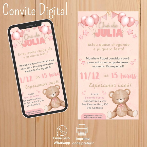 Convite Digital Chá de Fraldas Ursinho Rosa