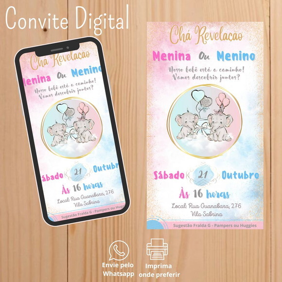 Convite Digital Chá Revelação Ursinho Azul e Rosa