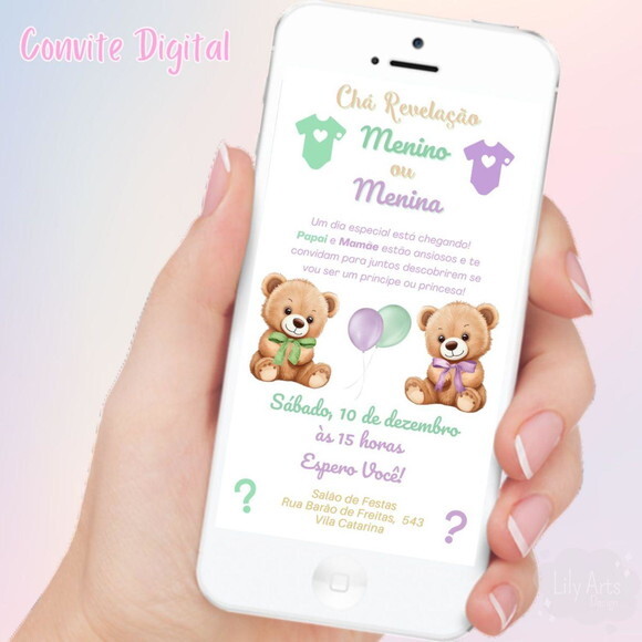 Convite Digital Chá Revelação Ursinho Verde e Lilás