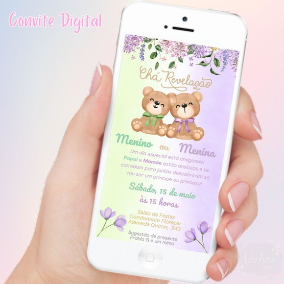 Convite Digital Chá Revelação Ursinho Verde e Lilás
