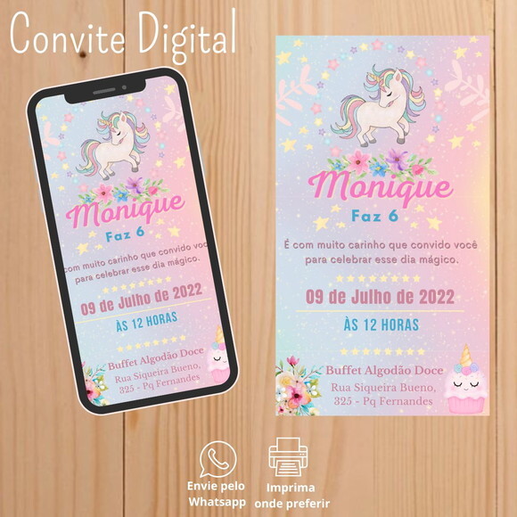 Convite Digital de Aniversário Unicórnio Menina