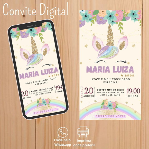 Convite Digital de Aniversário Unicórnio Menina