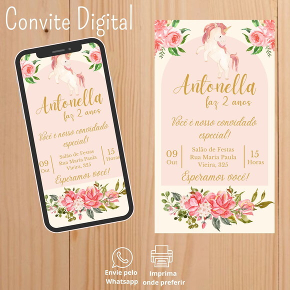 Convite Digital de Aniversário Unicórnio Menina