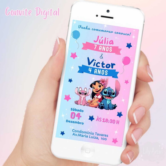 Convite Digital Lilo Stitch e Angel