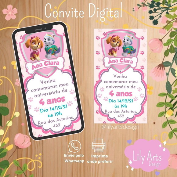 Convite Digital Patrulha Canina Skye e Everest