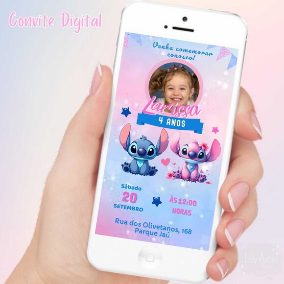 Convite Digital Stitch e Angel com Foto