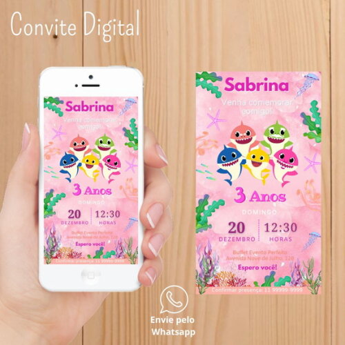 2 Convites Digital Baby Shark Menina-informações Diferentes