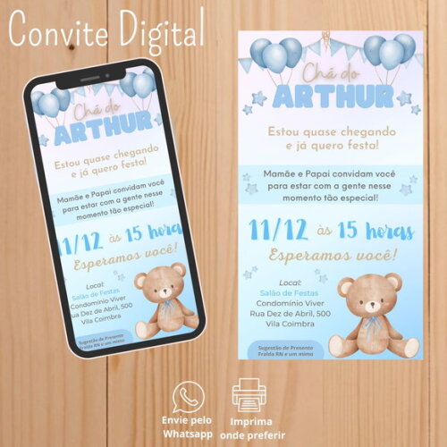 Convite Digital Chá de Bebê Menino Ursinho Azul