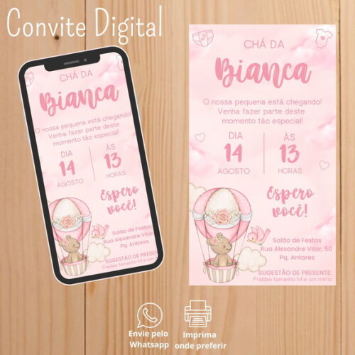 Convite Digital Chá de Fraldas Ursinho Rosa