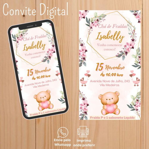 Convite Digital Chá de Fraldas Ursinho Rosa