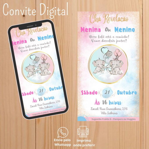 Convite Digital Chá Revelação Ursinho Azul e Rosa