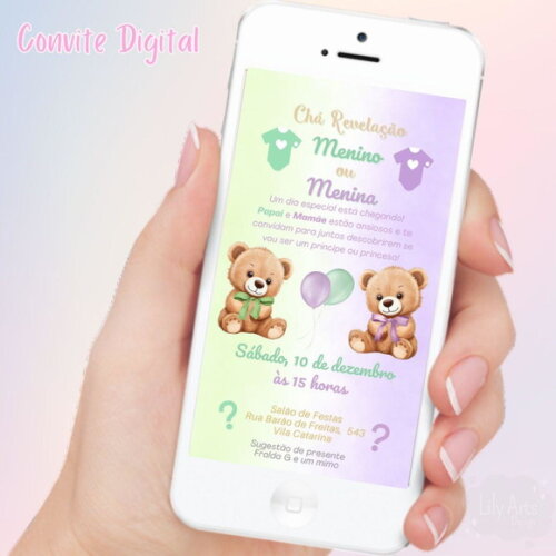 Convite Digital Chá Revelação Ursinho Verde e Lilás