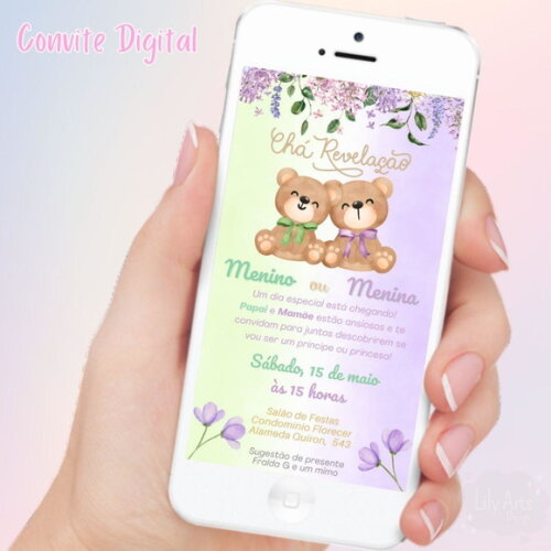 Convite Digital Chá Revelação Ursinho Verde e Lilás