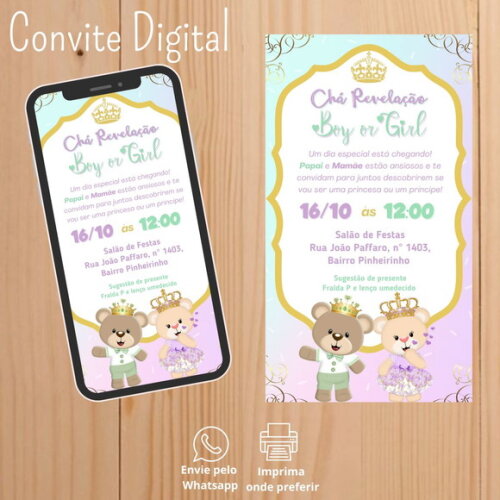 Convite Digital Chá Revelação Ursinho Verde e Lilás