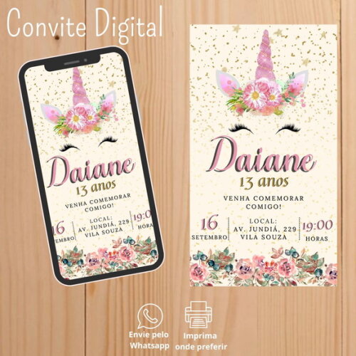 Convite Digital de Aniversário Unicórnio Menina