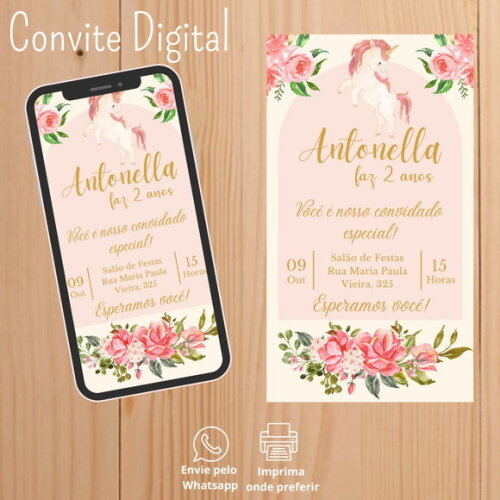Convite Digital de Aniversário Unicórnio Menina