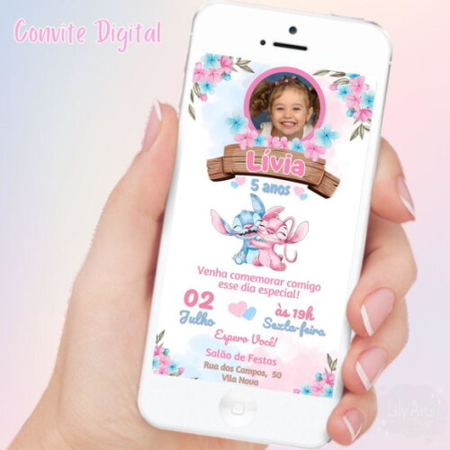 Convite Digital Stitch e Angel com Foto