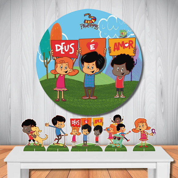 Kit Cenário 3 Palavrinhas Painel Redondo Aniversário e Totem