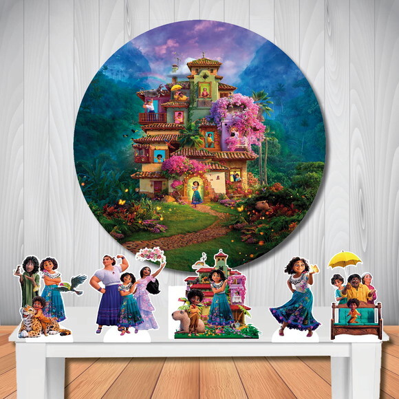 Kit Cenário Encanto Painel Redondo 1,5x1,5m e Totem de Mesa