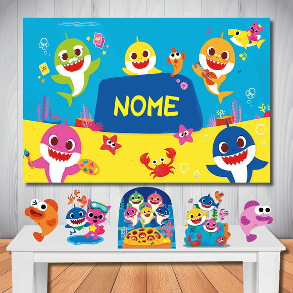Kit Cenário Festa Baby Shark - Painel em Lona e 5 Displays