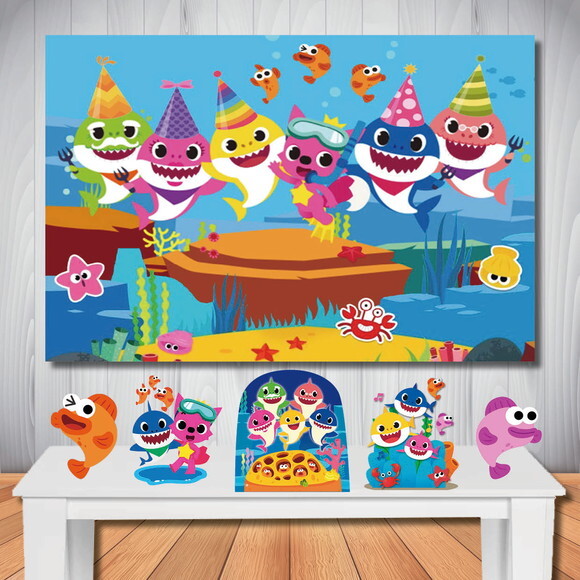 Kit Cenário Festa Baby Shark - Painel em Lona e 5 Displays
