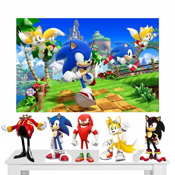 Kit Cenário Festa Sonic - Painel em Lona e 5 Displays