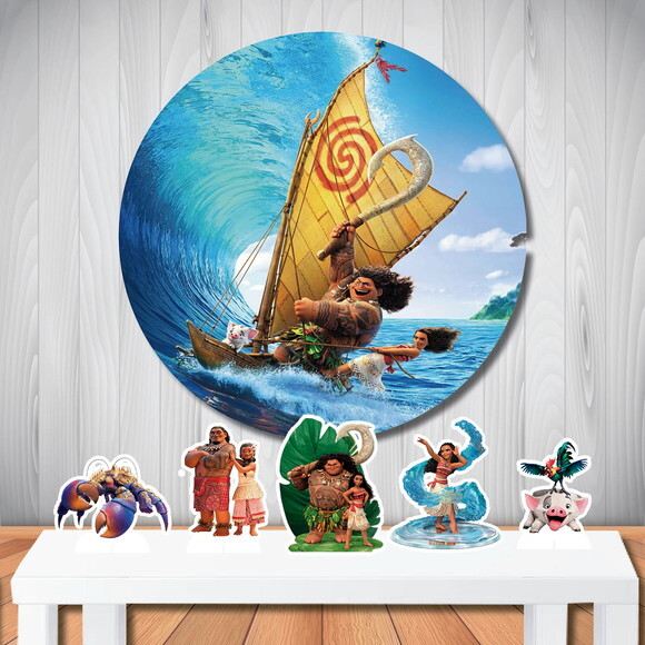 Kit Cenário Moana Painel Redondo e Totem de Mesa