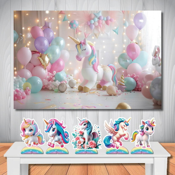Kit Cenário Painel de Aniversário e Display Top Unicórnio 3d