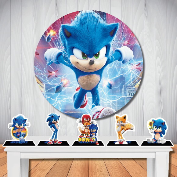 Kit Cenário Sonic Filme Painel Redondo e Display de Mesa