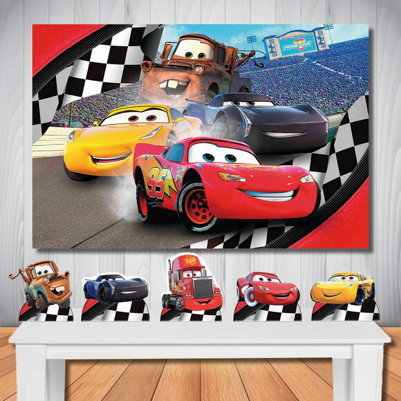 Kit Decoração de Festa Mega Painel + Display Carros 3