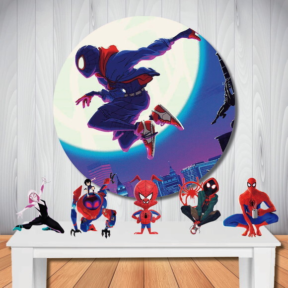 Kit Festa Aranhaverso Painel Redondo e Totem de Mesa