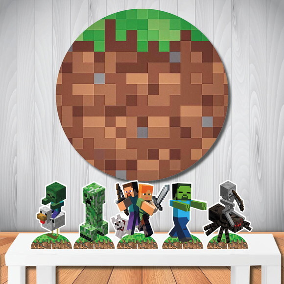 Kit Festa Cenário Minecraft Painel Redondo Infantil e Totem
