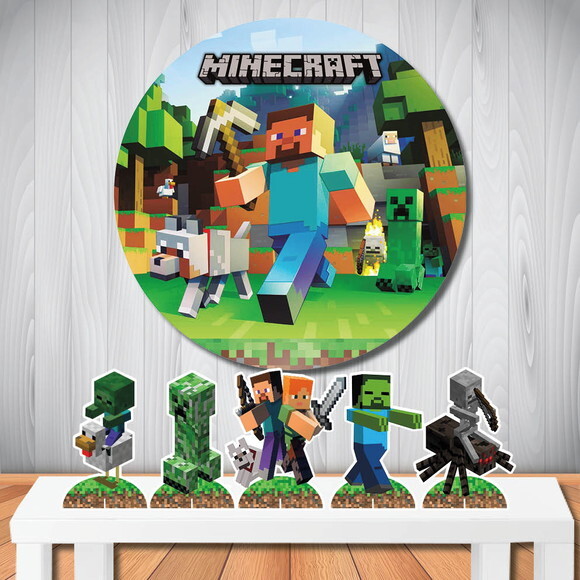 Kit Festa Minecraft Painel Redondo e Display de Mesa