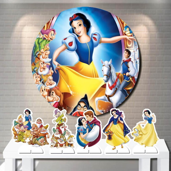 Kit Painel Aniversário Redondo 1,5m e Display Branca de Neve
