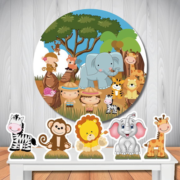 Kit Painel de Aniversário Redondo 1,5m e Totem mdf Safari