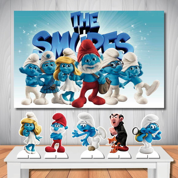Kit Painel de Festa 1,5x1,0m e Display de Mesa os Smurfs