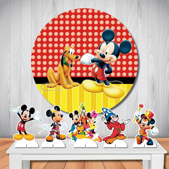 Kit Painel de Festa Redondo 1,5m e Display de Mesa Mickey