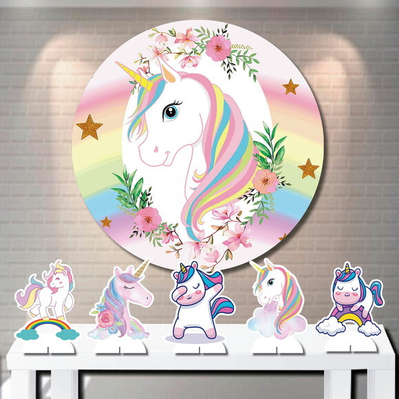 Kit Painel de Festa Redondo 1,5m e Display mdf Unicórnio