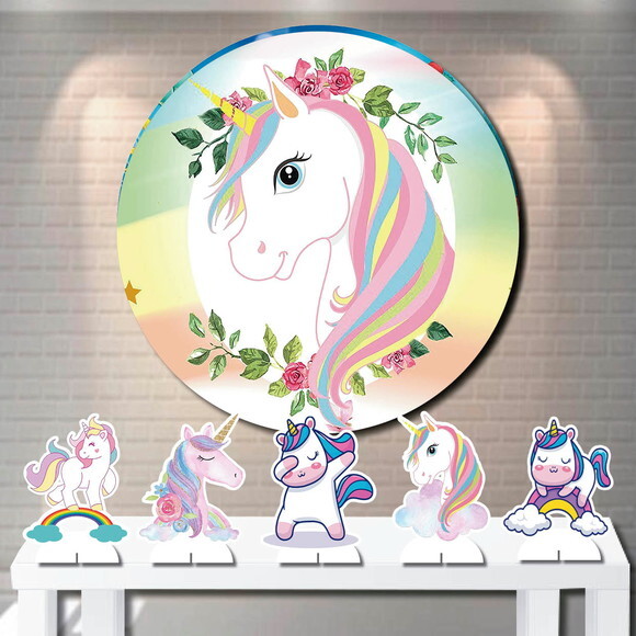 Kit Painel de Festa Redondo 1,5m e Totem mdf Unicórnio