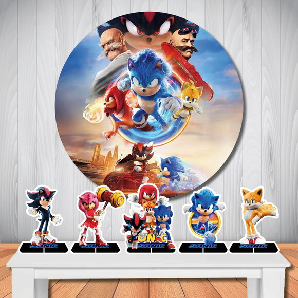 Kit Painel Redondo de Festa 1,50m e Display de Mesa Sonic 3