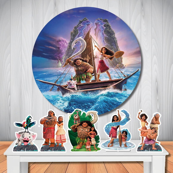Kit Painel Redondo de Festa e Display de Mesa Moana 2