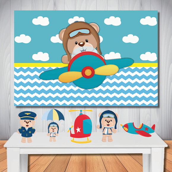 Kit Ursinho Aviador, Painel de Aniversário 1,5x1,0m e Totem