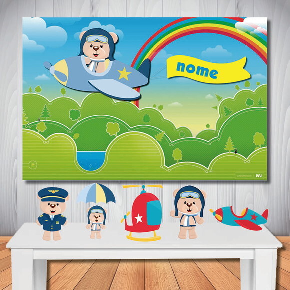 Kit Ursinho Aviador, Painel de Aniversário 1,5x1,0m e Totem