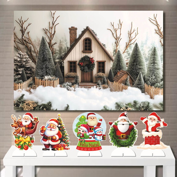 Painel Cenário 1,5x1,0m e Kit Display mdf Natal Casa na Neve