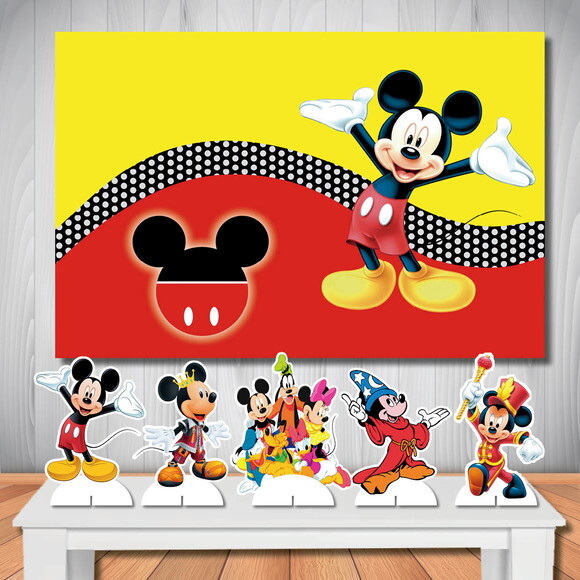 Painel de Aniversário e Kit Totem de Mesa Mickey