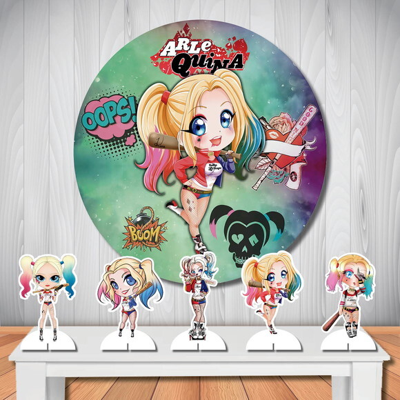Painel de Aniversário Redondo e Display Arlequina Cute