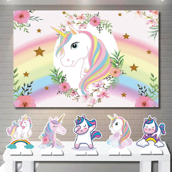 Painel de Festa e Kit Totem de Mesa mdf Unicórnio
