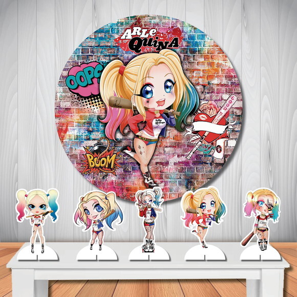 Painel de Festa Redondo 1,5x1,5m e Display Arlequina Cute