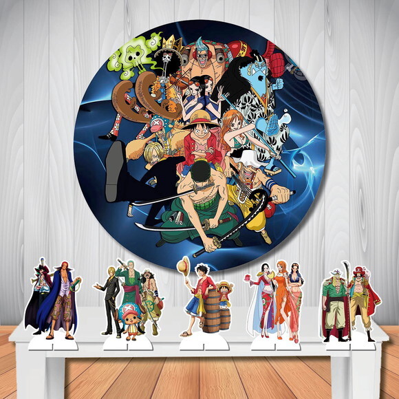 Painel Redondo de Aniversári e Kit Totem de Mesa One Piece